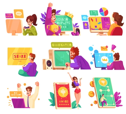 Gamification cartoon icons set with people working and playing via digital devices isolated vector illustration