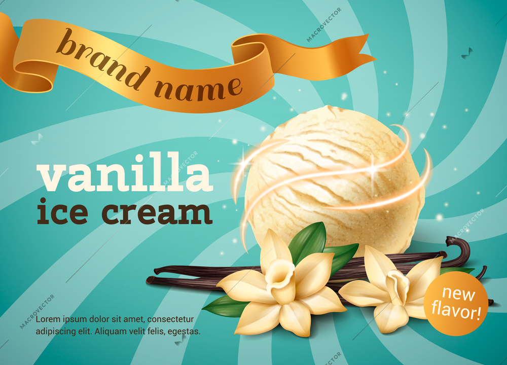 Realistic vanilla ice cream poster with spice stick and flower vector illustration