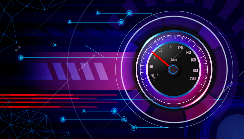 Realistic auto speedometer with modern dark abstract background vector illustration