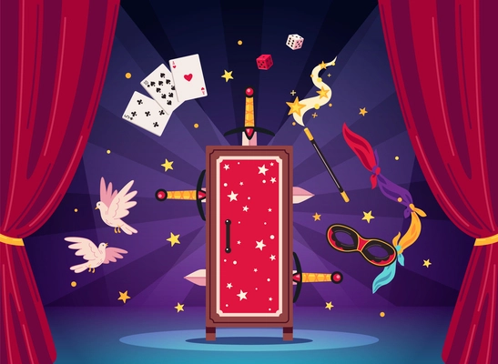 Magician cartoon composition with mistery box stabbed with swords vector illustration