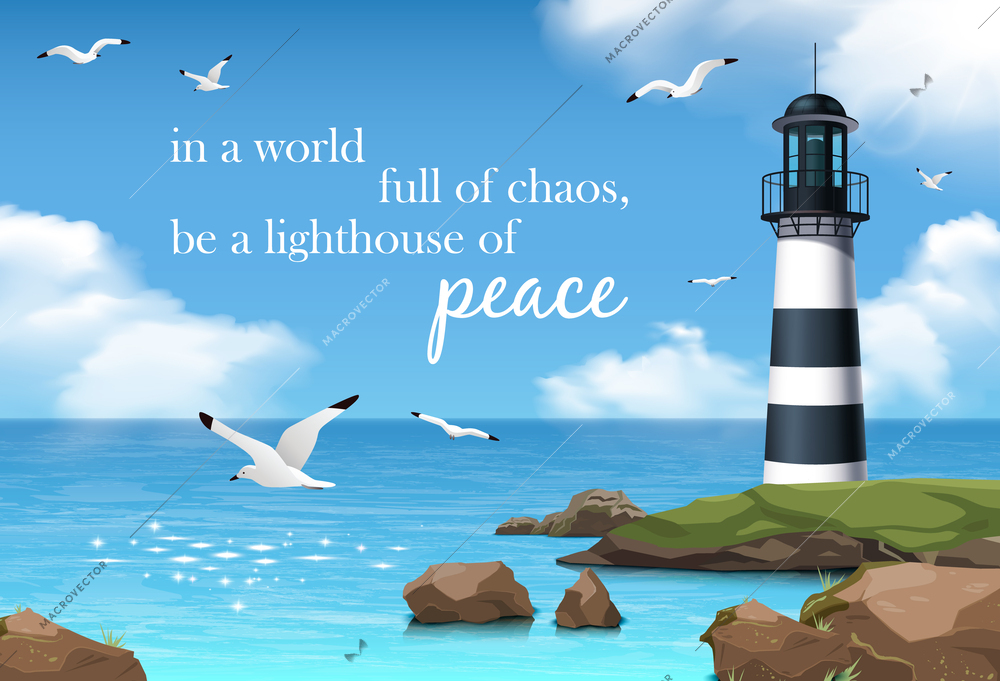 Lighthouse realistic poster wtih sea shore on background vector illustration