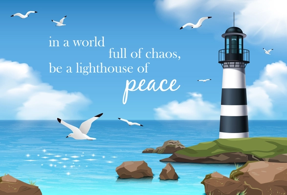 Lighthouse realistic poster wtih sea shore on background vector illustration