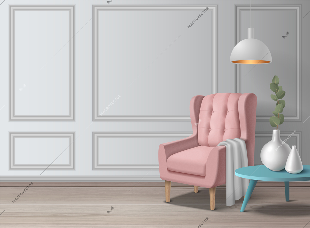 Realistic living room interior composition with armchair lamp and plant in vase vector illustration