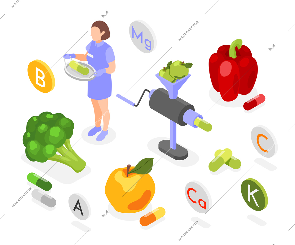 Food of future isometric concept of replacing natural products with capsules with vitamins vector illustration