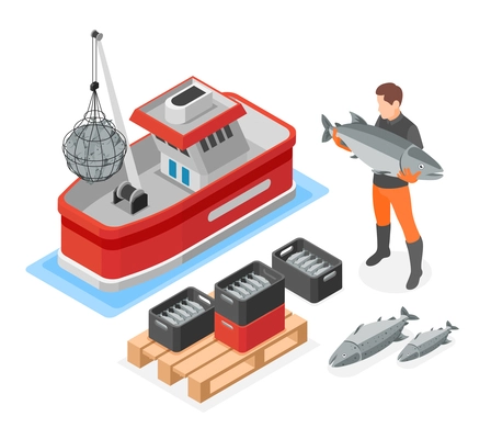Mariculture business isometric composition with fishing boat and fisher holding big freshly caught fish vector illustration