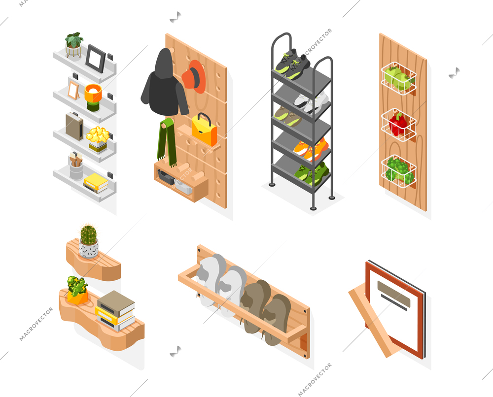 Store room isometric set of isolated compositions with decoration elements accessories and boots on blank background vector illustration