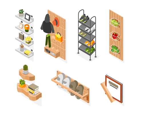 Store room isometric set of isolated compositions with decoration elements accessories and boots on blank background vector illustration