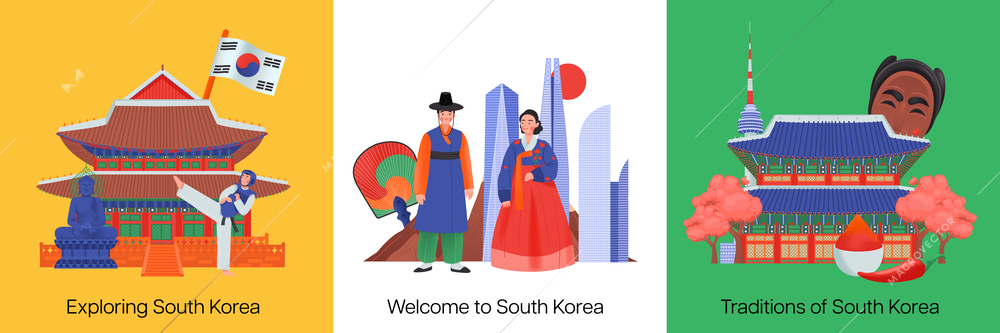 Three squares south korea icon set with exploring welcome and traditions of south korea headlines vector illustration