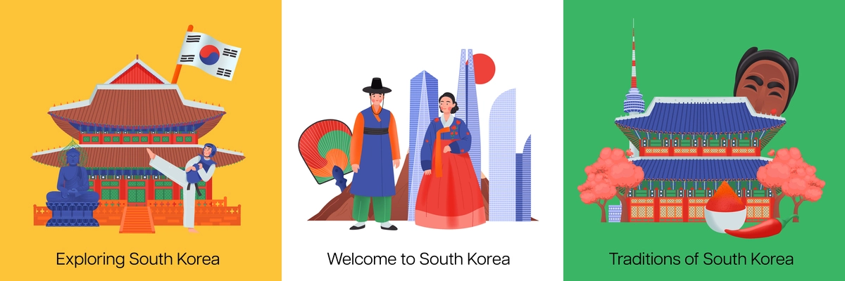 Three squares south korea icon set with exploring welcome and traditions of south korea headlines vector illustration