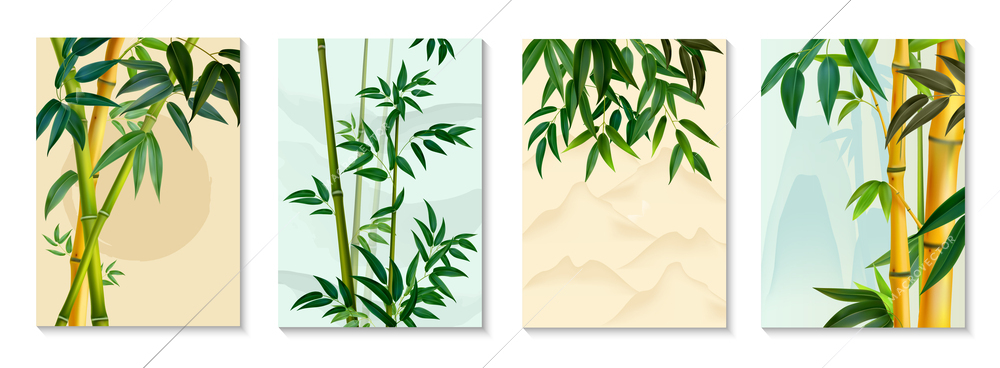 Four realistic vertical bamboo posters with green leaves and branches isolated vector illustration