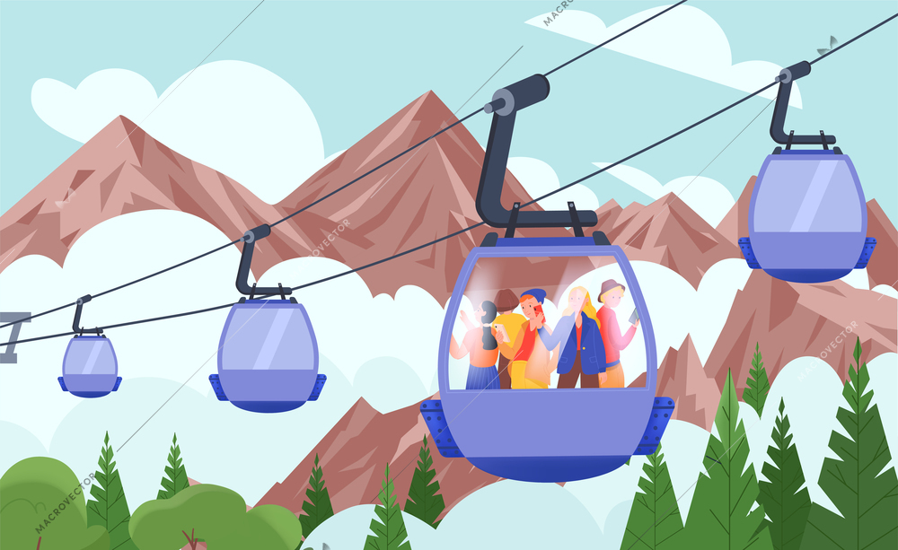 Flat colored landscape cableway tourists climb the mountains and watch the surrounding countryside from glass booths composition vector illustration