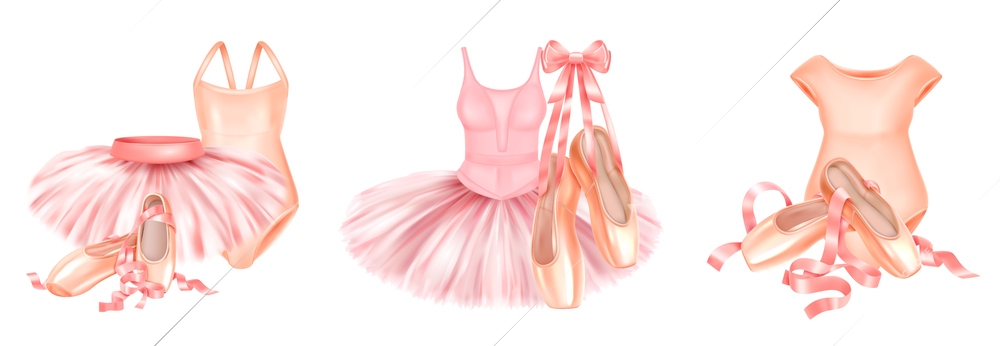 Realistic set of compositions with ballet accessories in pink and peach colors isolated vector illustration