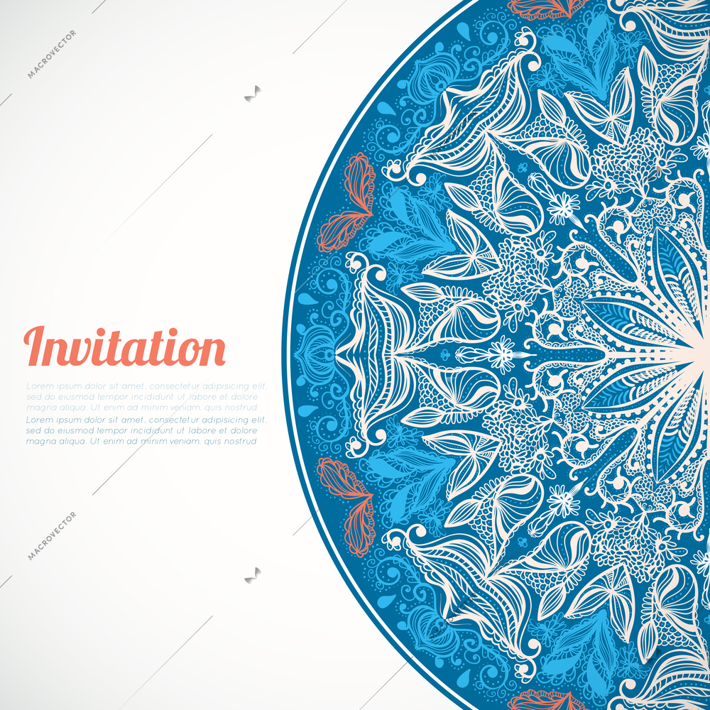 Ornamental blue invitation card on white template vector illustration