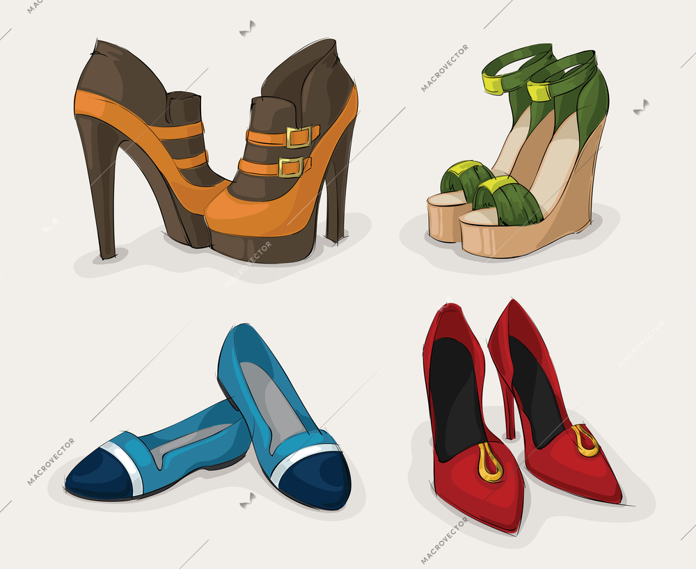 Fashion woman's shoes collection of ankle boots sandals and ballet flats isolated vector illustration