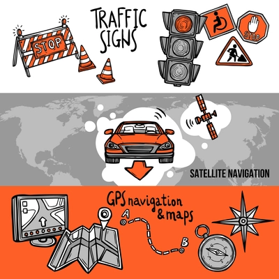 Navigation horizontal hand drawn banner set with traffic signs gps and maps elements isolated vector illustration