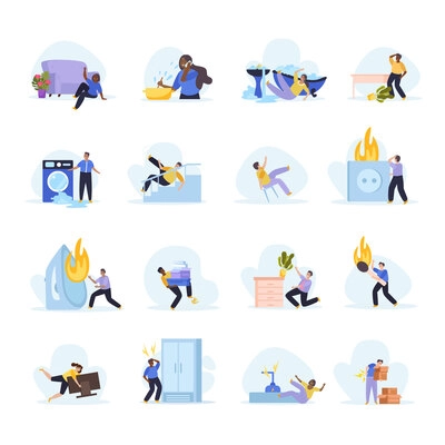 Home safety flat icons set with different hazard symbols isolated vector illustration