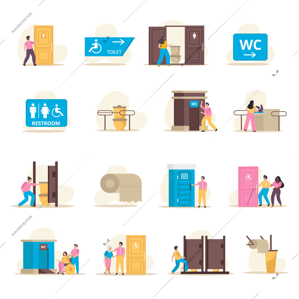 Public restroom flat icons set with sanitary symbols for different people isolated vector illustration