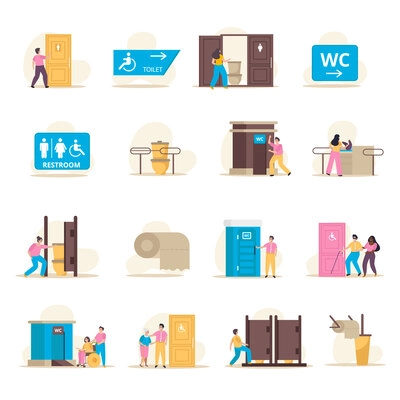 Public restroom flat icons set with sanitary symbols for different people isolated vector illustration