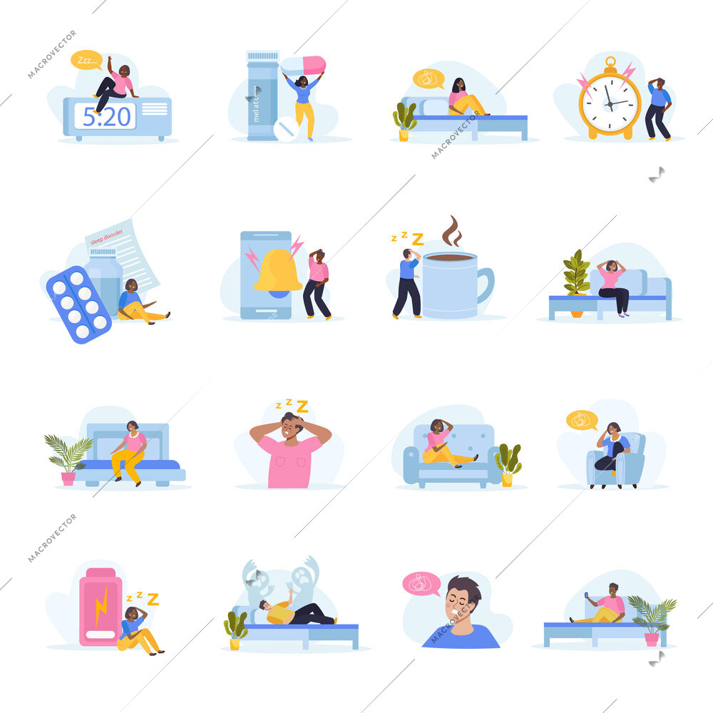 Sleep disorder flat icons set with health problem symbols and treatments isolated vector illustration