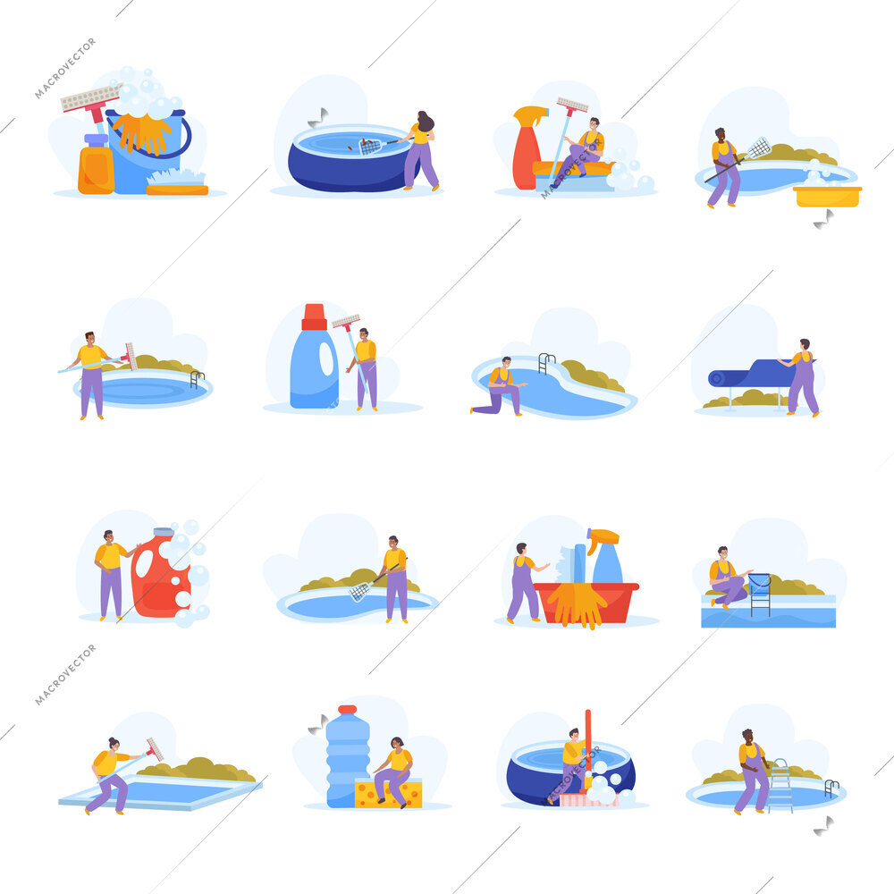 Swimming pool flat icons set with cleaning professional isolated vector illustration