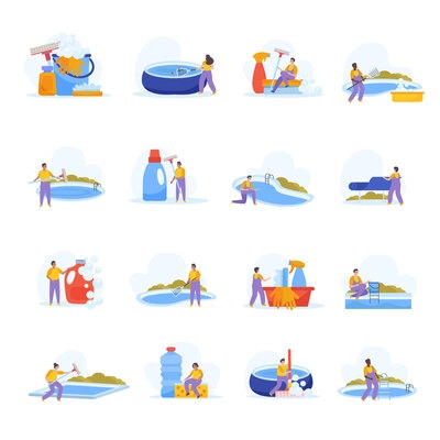 Swimming pool flat icons set with cleaning professional isolated vector illustration