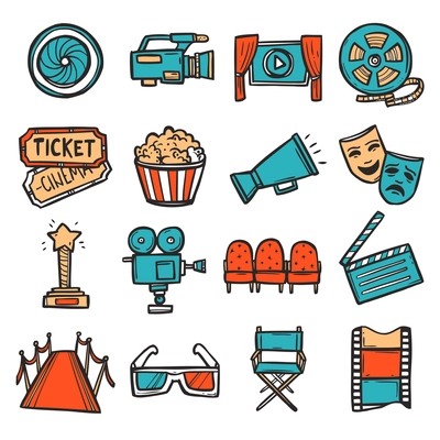 Cinema decorative icons colored set with video screen film camera movie ticket isolated vector illustration