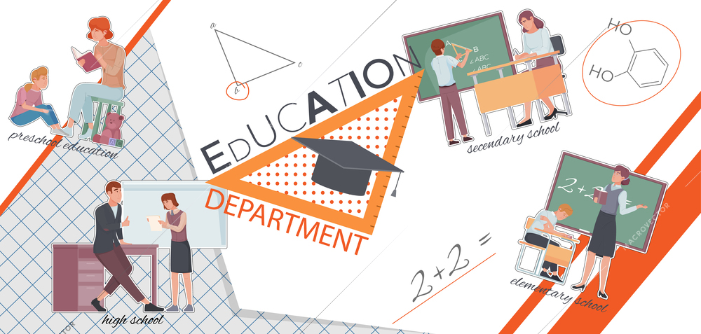 Education department composition with collage of flat icons copybook math and chemistry with doodle human characters vector illustration