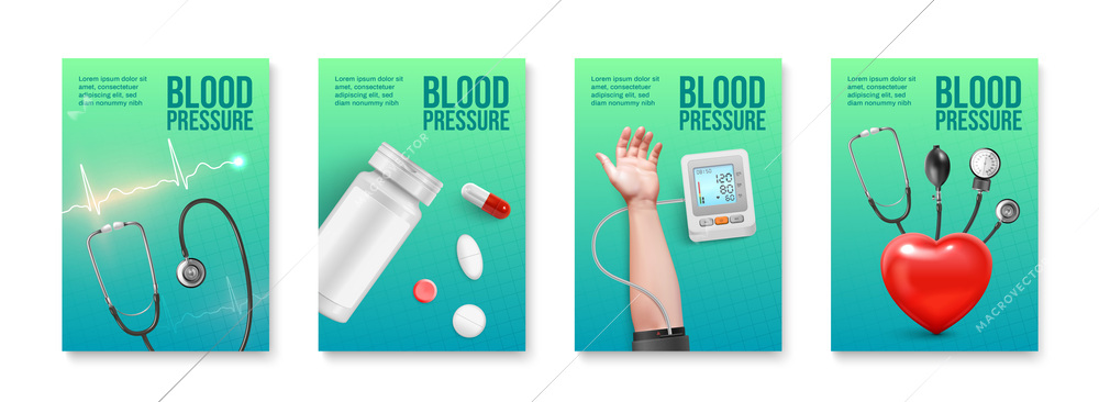 Blood pressure realistic poster template set with pharmaceuticals and tonometer isolated vector illustration