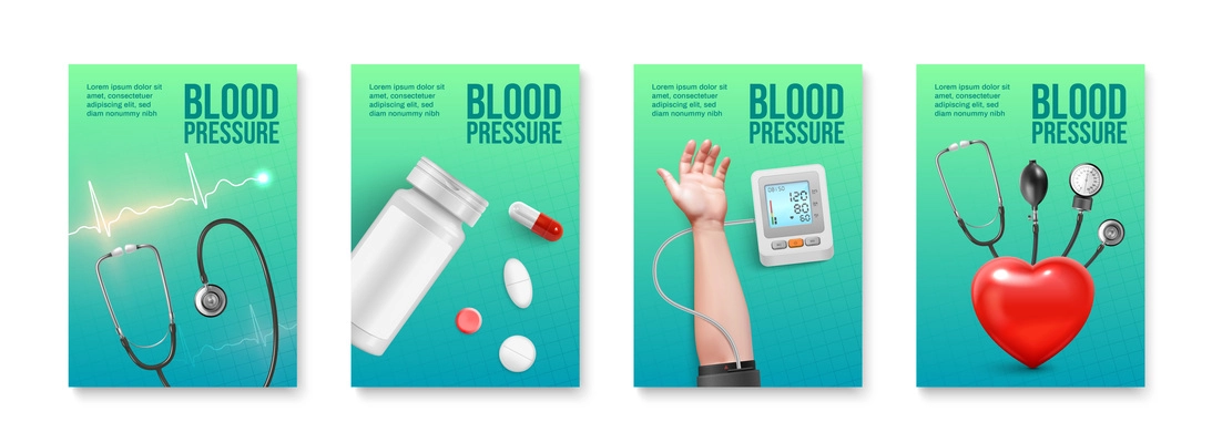 Blood pressure realistic poster template set with pharmaceuticals and tonometer isolated vector illustration