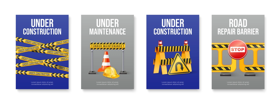 Road repair realistic vertical poster set with under construction signs tapes and barriers isolated vector illustration