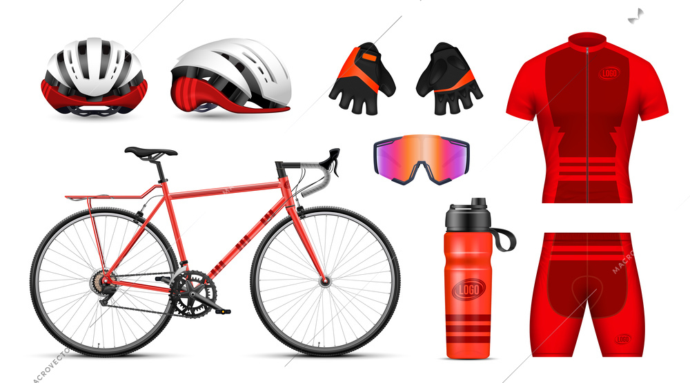 Realistic bicycle and cycling accessories set isolated vector illustration