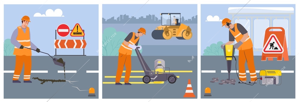 Road repair flat square illustrations with workers performing road works using maintenance equipment vector illustration