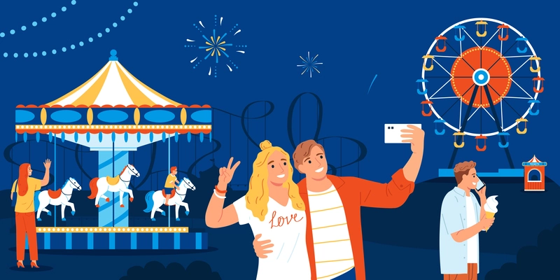 Couple taking selfie in amusement park at night in background with ferris wheel and carousel flat vector illustration
