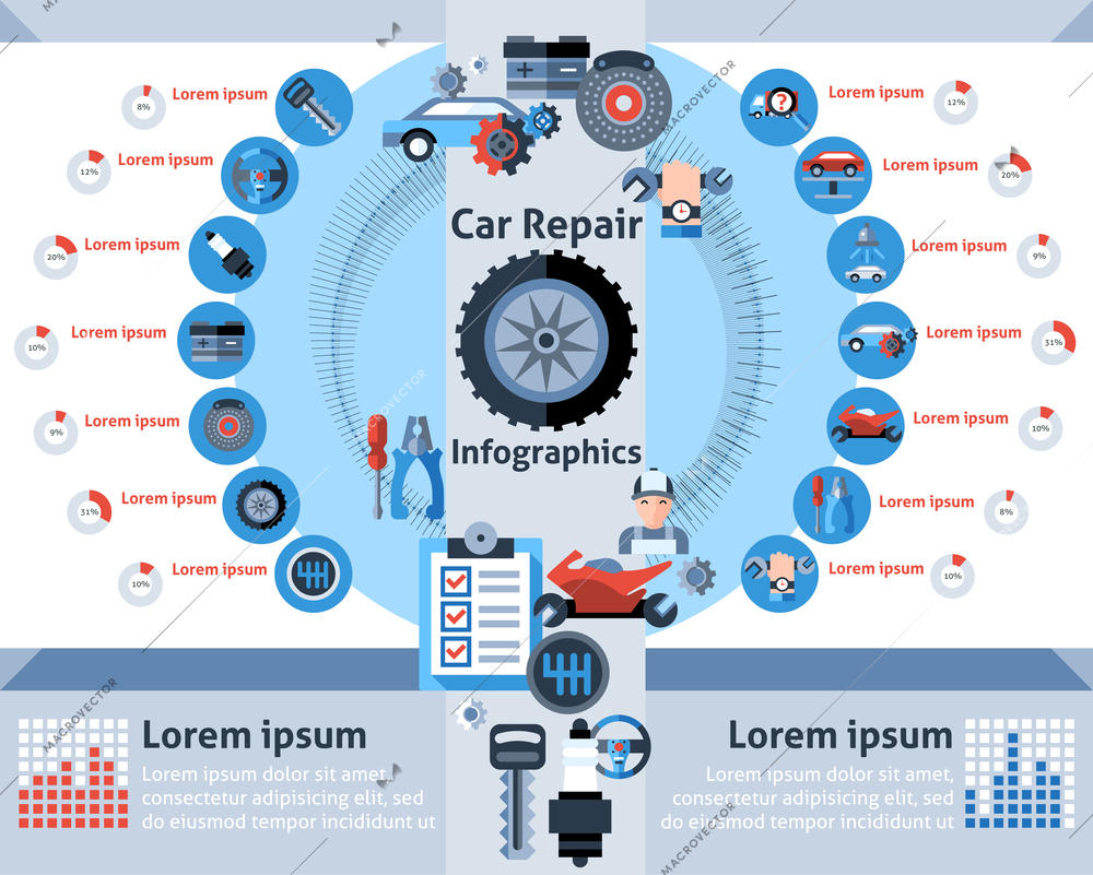 Car repair infographics set with auto mechanic symbols and charts vector illustration