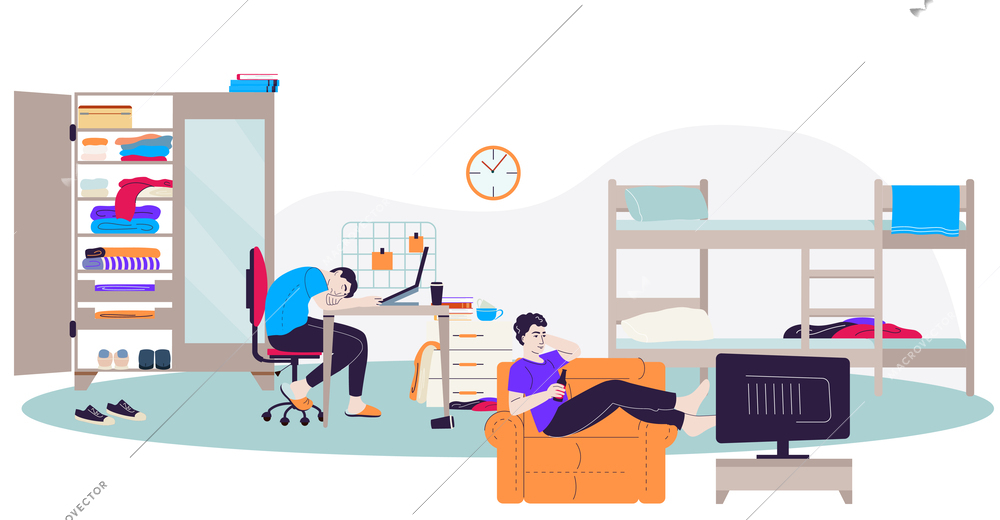 Student dormitory concept with neighbor symbols flat vector illustration