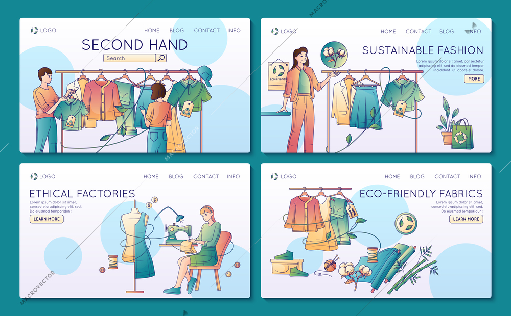 Sustainable fashion flat landing pages depicting second hand shop ethical factories eco friendly fabrics isolated vector illustration