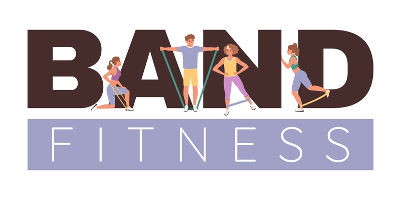 Fitness elastic bands flat composition with editable text and doodle style characters of people working out vector illustration