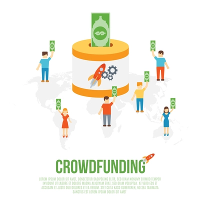 Crowdfunding business concept with sponsor money contribution on startup goal icons vector illustration