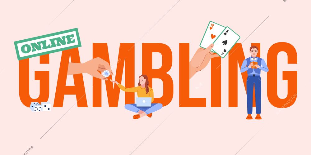 Gambling online composition with flat text and icons of dice cards and doodle people with gadgets vector illustration
