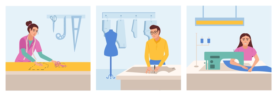Garment production flat set of square compositions with doodle characters of tailors with instruments and fabric vector illustration