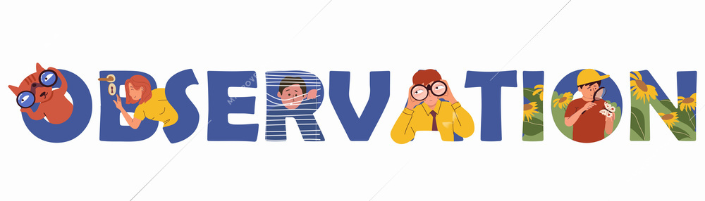 Observation flat text composition with blue letters people and cat observing and peeping vector illustration