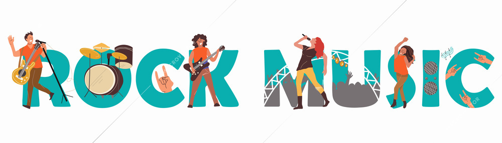 Rock music flat text composition with people playing musical instruments singing and dancing on concert vector illustration