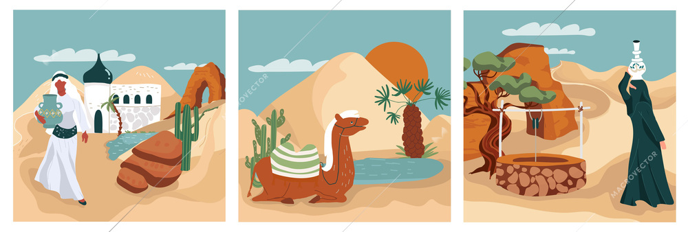 Oasis in desert flat set with arabic women carrying water and camel lying near water isolated vector illustration
