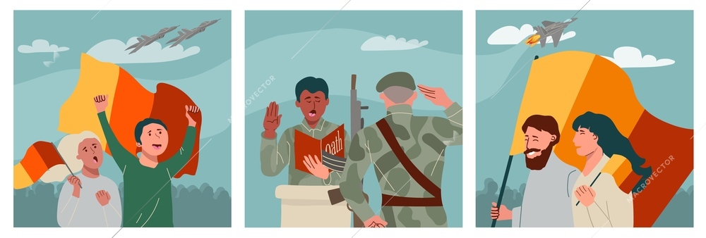 Patriot country set in flat style with soldiers taking oath and civilian people with flags isolated vector illustration