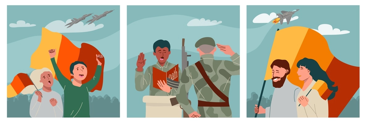 Patriot country set in flat style with soldiers taking oath and civilian people with flags isolated vector illustration