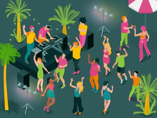 Isometric dj party composition with view of dancefloor with disk jockey dancing people and palm trees vector illustration