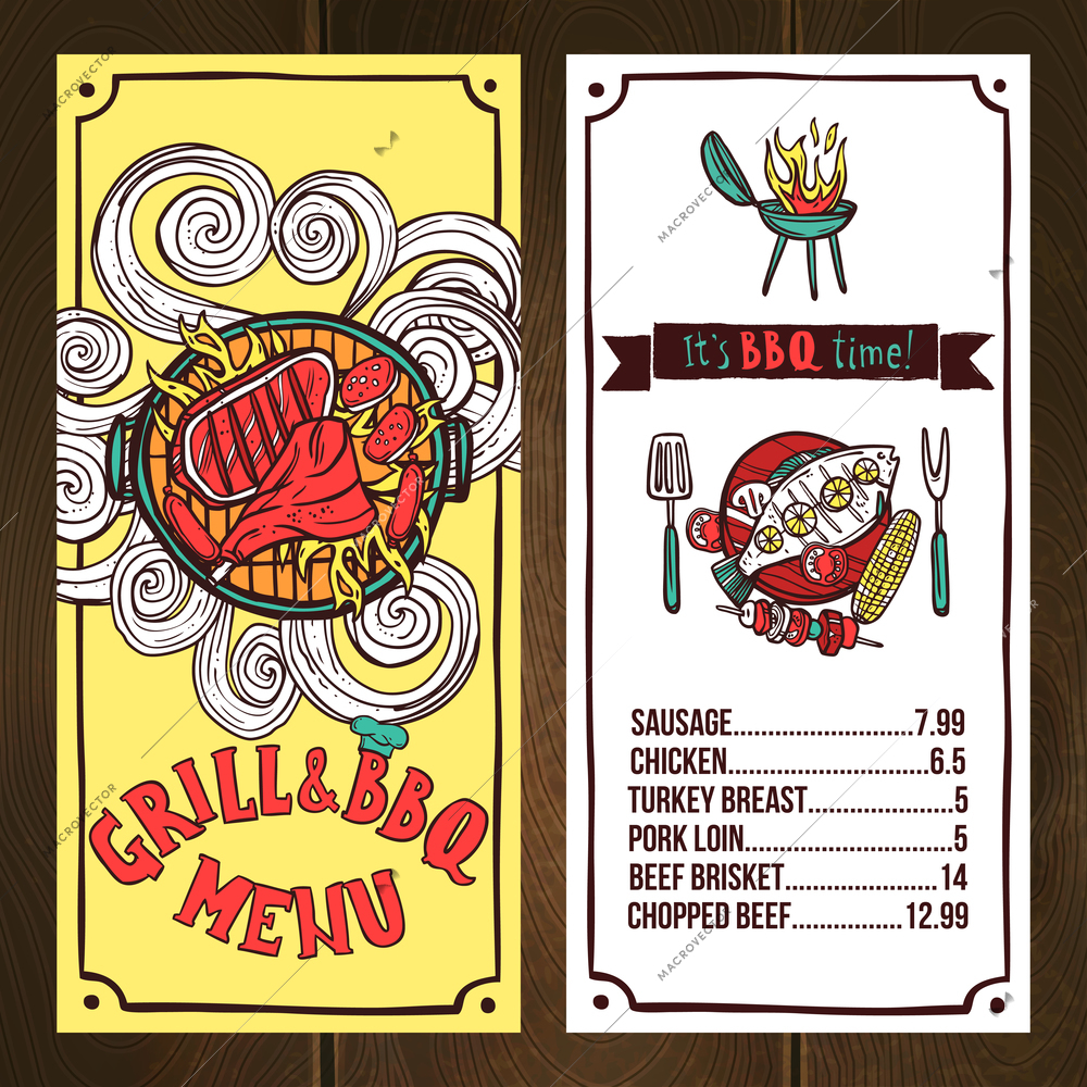 Grill and bbq restaurant menu sketch with barbeque dishes vector illustration