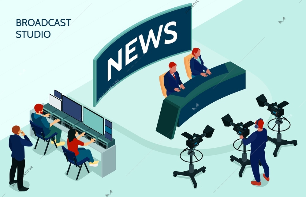 Isometric journalist composition with anchor reporters in broadcast studio vector illustration