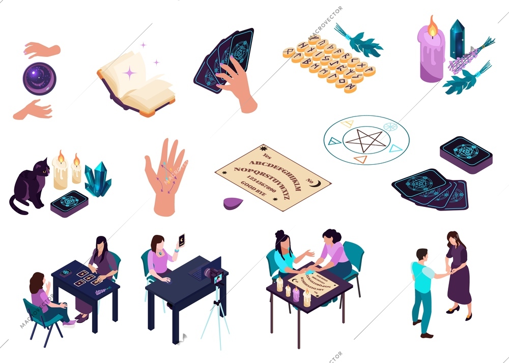 Isometric fortune teller icons set with tarot cards reading isolated vector illustration