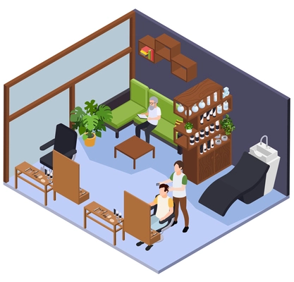 Barbershop hair salon isometric composition with isolated indoor view of beauty salon interior and male characters vector illustration